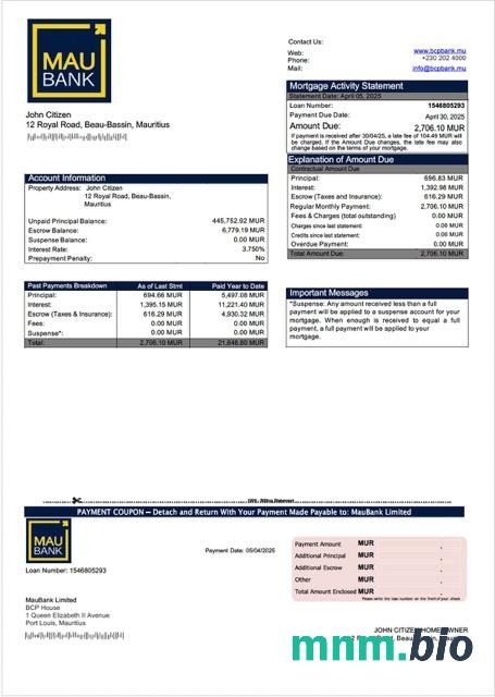 Mauritius MauBank Limited wyciąg z kredytu hipotecznego szablon Word i PDF